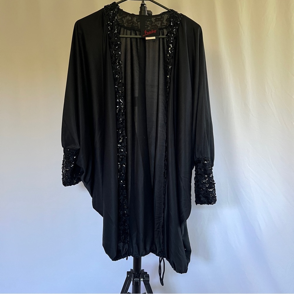 Vintage 70s/80s Black Sequin Trim Kimono - Picture 3 of 10